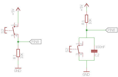 Слева — стандартное подключение кнопки со стягивающим резистором, справа — модифицированная схема для устранения дребезга